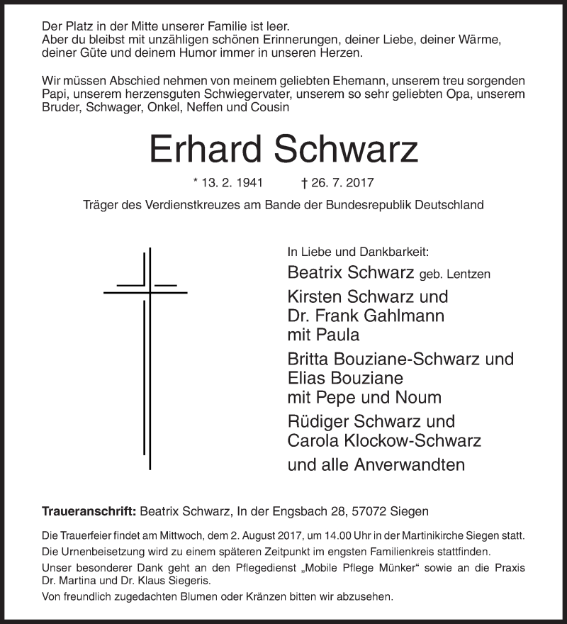  Traueranzeige für Erhard Schwarz vom 28.07.2017 aus Siegener Zeitung