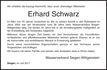 Traueranzeige von Erhard Schwarz von Siegener Zeitung