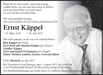 Traueranzeige von Ernst Käppel von Siegener Zeitung
