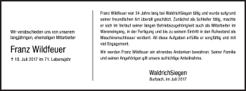 Traueranzeige von Franz Wildfeuer von Siegener Zeitung