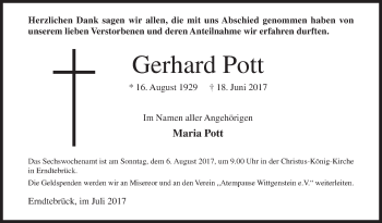 Traueranzeige von Gerhard Pott von Siegener Zeitung