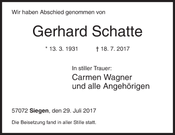 Traueranzeige von Gerhard Schatte von Siegener Zeitung