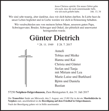 Traueranzeige von Günter Dietrich von Siegener Zeitung