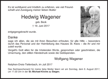 Traueranzeige von Hedwig Wagener von Siegener Zeitung