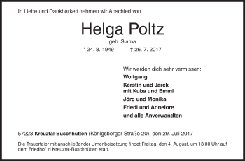 Traueranzeige von Helga Poltz von Siegener Zeitung