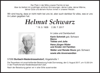 Traueranzeige von Helmut Schwarz von Siegener Zeitung