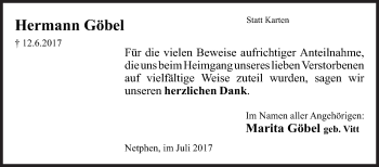 Traueranzeige von Hermann Göbel von Siegener Zeitung