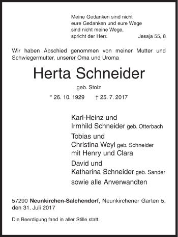 Traueranzeige von Herta Schneider von Siegener Zeitung