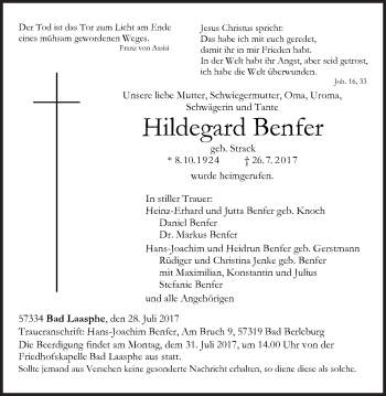 Traueranzeige von Hildegard Benfer von Siegener Zeitung