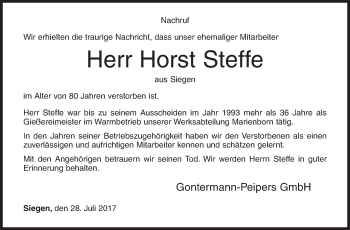 Traueranzeige von Horst Steffe von Siegener Zeitung