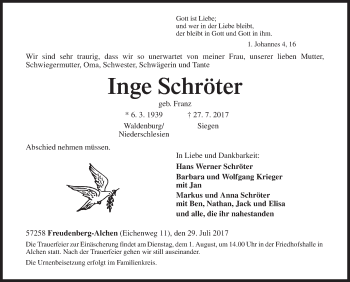 Traueranzeige von Inge Schröter von Siegener Zeitung