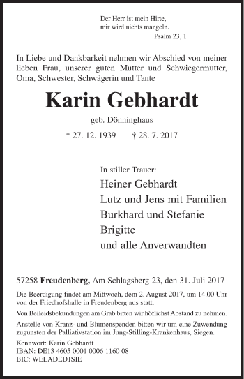 Traueranzeige von Karin Gebhardt von Siegener Zeitung