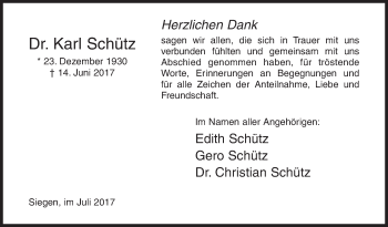 Traueranzeige von Karl Schütz von Siegener Zeitung