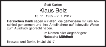 Traueranzeige von Klaus Belz von Siegener Zeitung