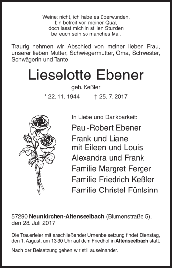 Traueranzeige von Lieselotte Ebener von Siegener Zeitung