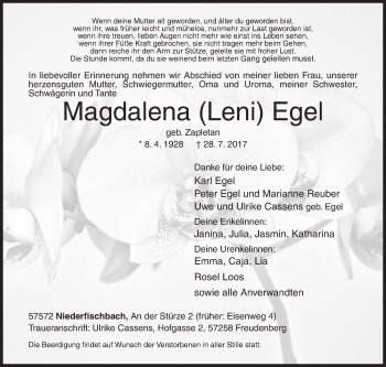 Traueranzeige von Magdalena Egel von Siegener Zeitung