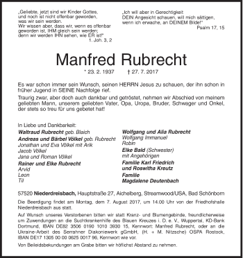 Traueranzeige von Manfred Rubrecht von Siegener Zeitung