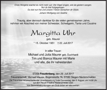 Traueranzeige von Margitta Uhr von Siegener Zeitung