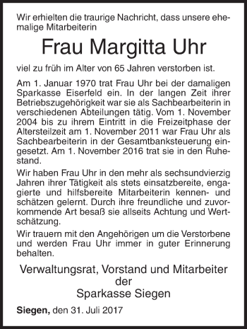 Traueranzeige von Margitta Uhr von Siegener Zeitung