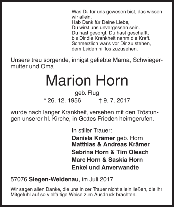 Traueranzeige von Marion Horn von Siegener Zeitung
