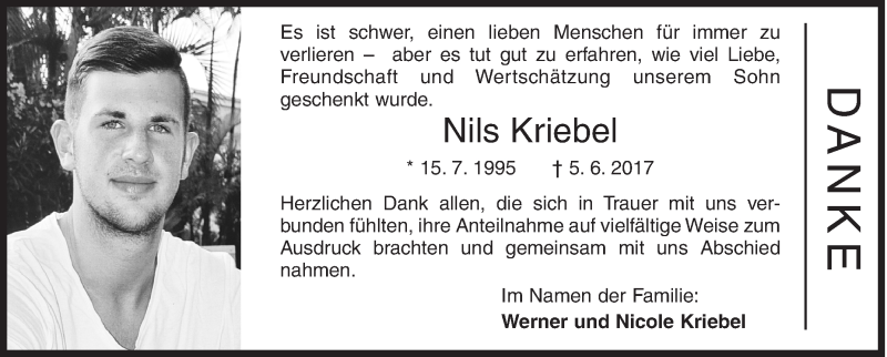 Traueranzeige für Nils Kriebel vom 29.07.2017 aus Siegener Zeitung