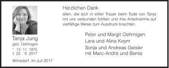 Traueranzeige von Tanja Jung von Siegener Zeitung