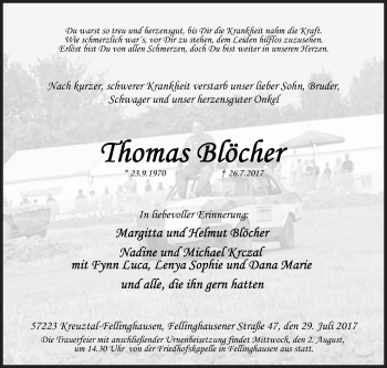 Traueranzeige von Thomas Blöcher von Siegener Zeitung