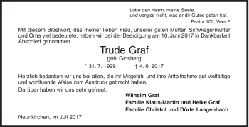 Traueranzeige von Trude Graf von Siegener Zeitung