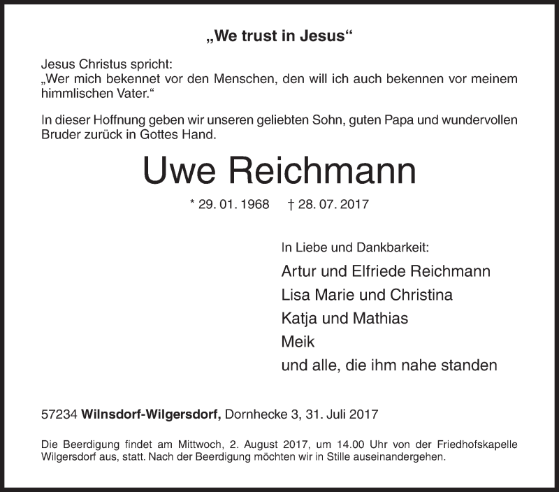  Traueranzeige für Uwe Reichmann vom 31.07.2017 aus Siegener Zeitung