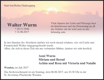 Traueranzeige von Walter Wurm von Siegener Zeitung