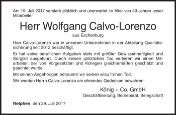 Traueranzeige von Wolfgang Calvo-Lorenzo von Siegener Zeitung