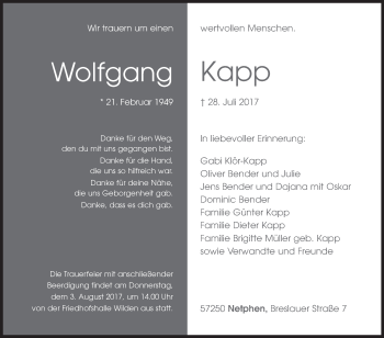 Traueranzeige von Wolfgang Kapp von Siegener Zeitung