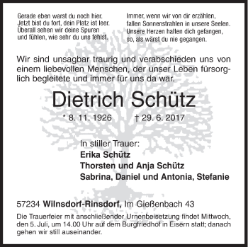 Traueranzeige von Dietrich Schütz von Siegener Zeitung