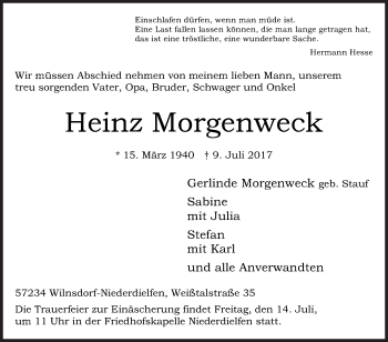 Traueranzeige von Heinz Morgenweck von Siegener Zeitung