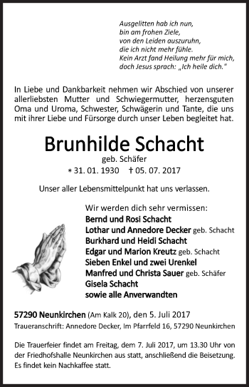 Traueranzeige von Brunhilde Schacht von Siegener Zeitung