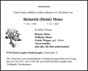 Traueranzeige von Heinrich Heini Meier von Siegener Zeitung