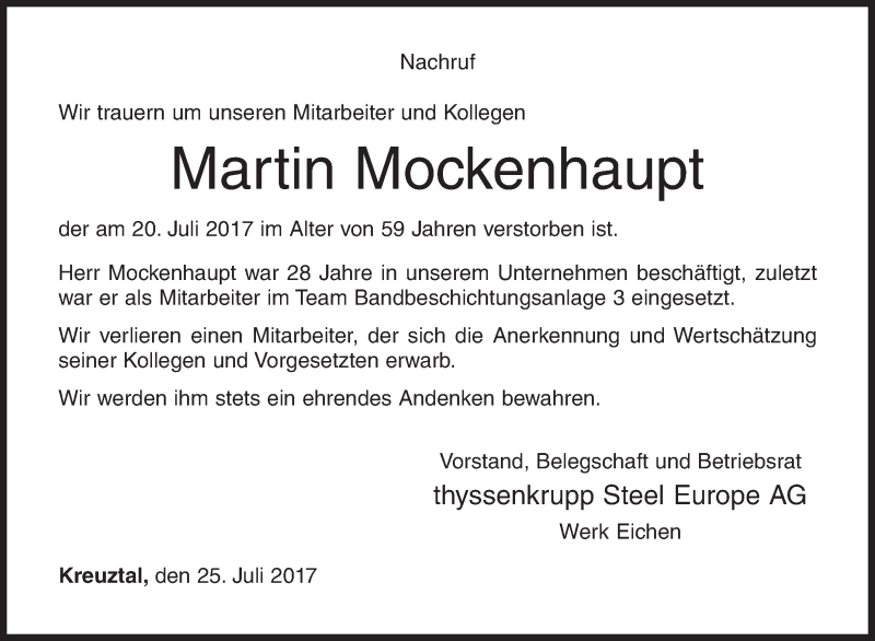  Traueranzeige für Martin Mockenhaupt vom 25.07.2017 aus Siegener Zeitung