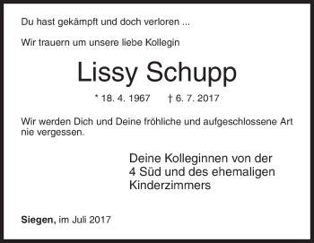 Traueranzeige von Lissy Schupp von Siegener Zeitung