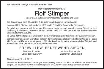 Traueranzeige von Rolf Stimper von Siegener Zeitung
