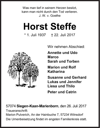 Traueranzeige von Horst Stelle von Siegener Zeitung