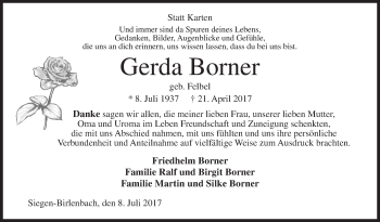 Traueranzeige von Gerda Borner von Siegener Zeitung