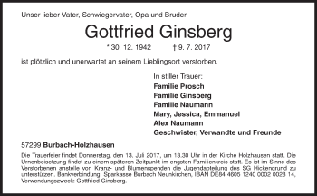 Traueranzeige von Gottfried Ginsberg von Siegener Zeitung
