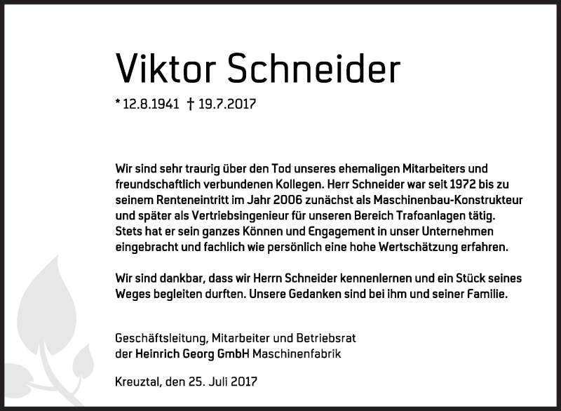  Traueranzeige für Viktor Schneider vom 25.07.2017 aus Siegener Zeitung