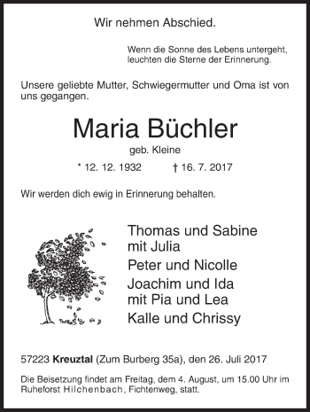 Traueranzeige von Maria Büchler von Siegener Zeitung
