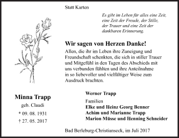 Traueranzeige von Minna Trapp von Siegener Zeitung