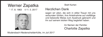 Traueranzeige von Werner Zapatka von Siegener Zeitung