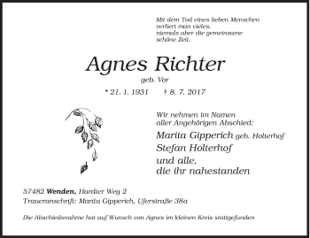 Traueranzeige von Agnes Richter von Siegener Zeitung