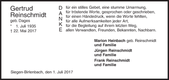 Traueranzeige von Gertrud Reinschmidt von Siegener Zeitung