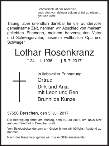 Traueranzeige von Lothar Rosenkranz von Siegener Zeitung