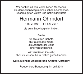 Traueranzeige von Hermann Ohrndorf von Siegener Zeitung